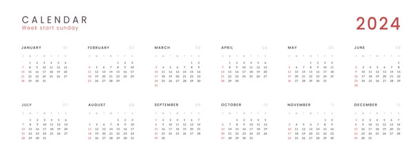 2024 Annual Calendar template with transparent background. Vector layout of a wall or desk simple calendar with week start Sunday. Calendar design in black and white colors, holidays in red colors.