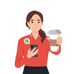 Woman holding phone and coffee take away cup in one hand. Woman ordering coffee online with her phone.