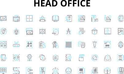 Head office linear icons set. Headquarters, Corporate, Main, Center, Administrative, Management, Control vector symbols and line concept signs. Command,Oversight,Supervision illustration