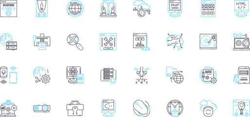 Virtual organization linear icons set. Collaboration, Communication, Innovation, Efficiency, Flexibility, Globalization, Digitalization line vector and concept signs. Automation,Connectivity,Remote