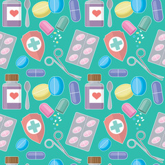 pattern with color elements of pills, bottle of syrup, shield and scissors