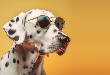 Creative animal concept. Dalmatian dog pup puppy in sunglass shade glasses isolated on solid pastel background, commercial, editorial advertisement, surreal surrealism