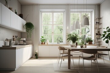Fototapeta na wymiar Minimalist kitchen in a Scandinavian interior with white furnishings, plants, and morning curtains. Generative AI