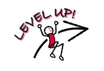 ステップアップ、レベルアップ、スキルアップ、成長のイメージの矢印のイラスト・LEVEL UPの文字・赤