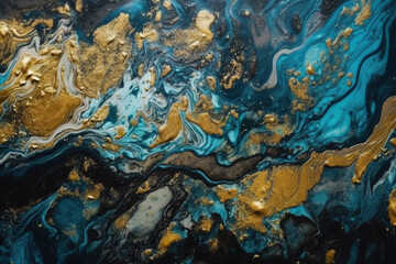 Płynna farba - morski błękit i złoto - Liquid paint - sea blue and gold - AI Generated