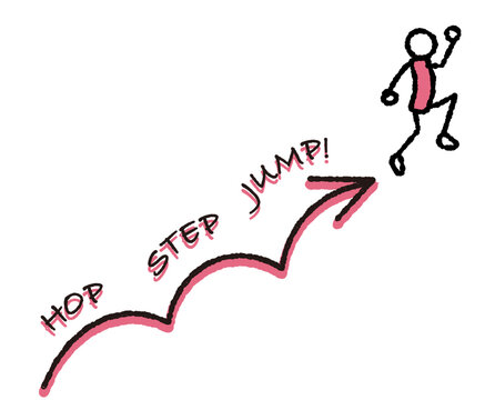ステップアップ、レベルアップ、スキルアップ、ジャンプアップ・成長のイメージの矢印のイラスト・HOP-STEP-JUMPの文字・赤