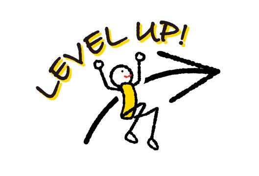 ステップアップ、レベルアップ、スキルアップ、成長のイメージの矢印のイラスト・LEVEL UPの文字・黄色