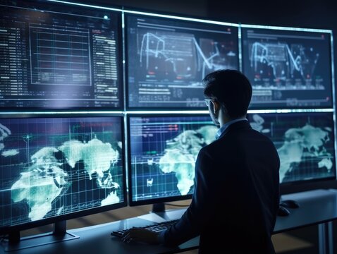 Finanzberater nutzt KPI-Dashboard auf virtuellem Bildschirm f&uuml;r Business Finance Data Analytics. Abstrakte Neon-Grafik f&uuml;r Financial Management Technologie und Gesch&auml;ftswachstum, Generative AI