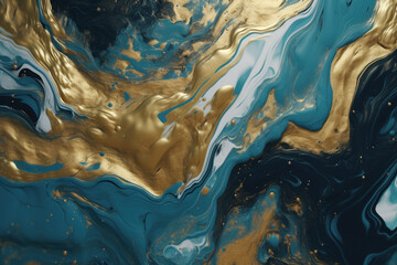 Błękit morski i złoto - tapeta, tekstura - Sea blue and gold - wallpaper, texture - AI Generated - obrazy, fototapety, plakaty