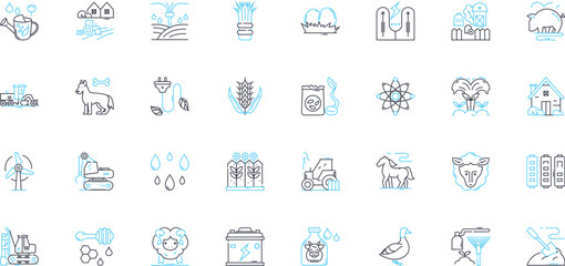 Livestock exposition linear icons set. Breeds, Competition, Exhibition, Cattle, Sheep, Goats, Swine line vector and concept signs. Horses,Poultry,Rabbits outline illustrations