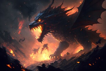 Fire breathes explode from a giant dragon in a black night, the epic battle evil concept art 
