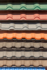 Samples of the colorful roof metal for home building.