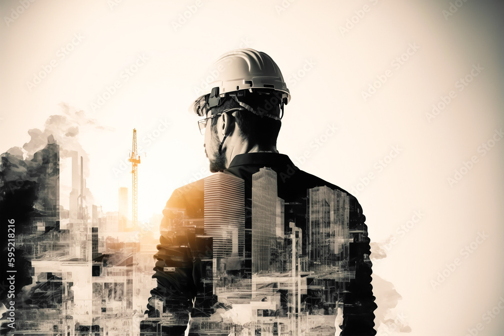 Poster civil engineer portrait as concept for building construct by professional with hardhat helmet engine