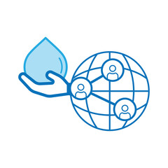 Hand holding water drop merged with people share icon on globe symbol as a gimmick of sharing responsibility to save water. Vector illustration outline flat design style.