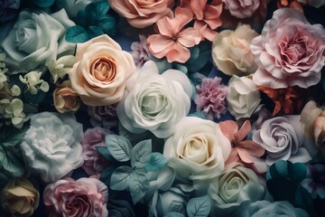 Obraz na płótnie Canvas A floral wallpaper with light pink, blue, and white roses. A colorful spring background with multi-colored flowers. Generative AI