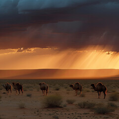 Fototapeta na wymiar Camels in the desert at dawn. Generative AI