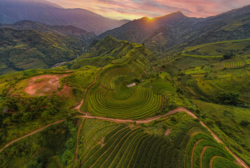Sunset in Mu Cang Chai terraces, Vietnam. 
