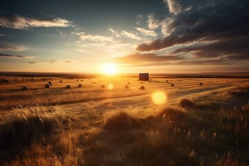 Panoramic farm field with hay bales and dramatic sunrise in Pincher Creek, AB, Canada. Generative AI