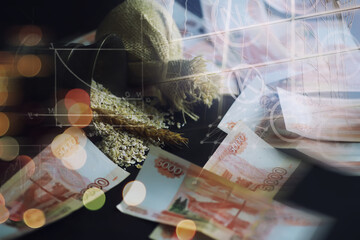 The concept of the cost of grain. 5000 ruble banknotes around a handful of ground grain. World hunger.