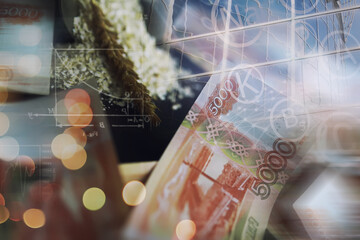 The concept of the cost of grain. 5000 ruble banknotes around a handful of ground grain. World...