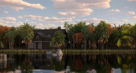 Obraz premium house in the jungle on the river bank, 3D illustration, cg render
