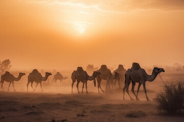 Fototapeta na wymiar Camels in the desert during a sandstorm. Generative AI