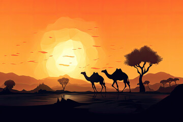 Fototapeta na wymiar Illustration of a camels in the desert at dawn. Generative AI