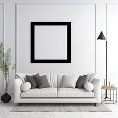 Blank black picture frame above a white couch in an elegant living room. Mockup/copyspace template for Art/Design/Product placement created using generative AI Tools