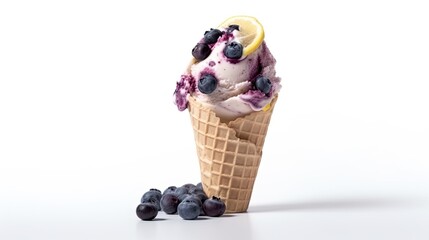 Blueberry lemon cheesecake ice cream in a waffle cone on White Background with copy space for your text created with generative AI technology