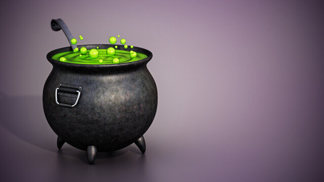 Witch cauldron full of green bubbling liquid standing on purple background. Copy space on the right. 3D illustration