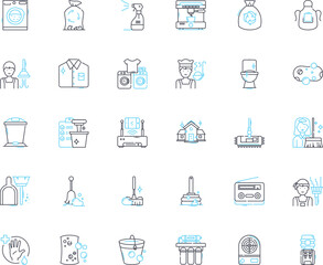 House cleaning linear icons set. Sweep, Scrub, Dust, Polish, Vacuum, Mop, Tidy line vector and concept signs. Organize,Wipe,Disinfect outline illustrations