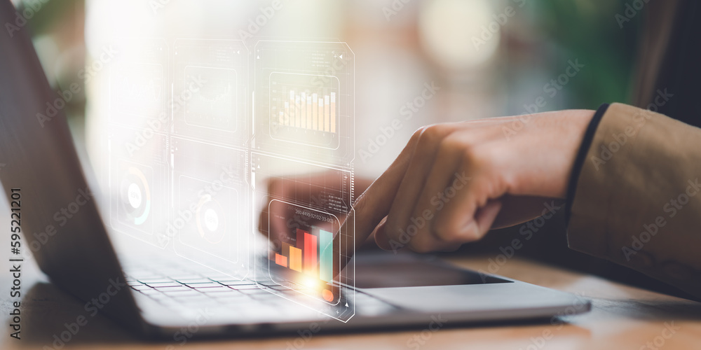 Poster Businessman reading graph report and business statistics charts ,Analysis and improvement of corporate strategy ,Statistics and Data Concepts ,update annual budget accounts , business growth graph