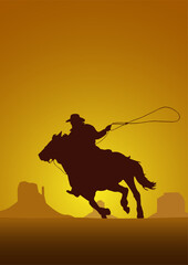 Rodeo competition tournament, sunset background. Vector poster cowboy and lasso on the horse in grand canyon