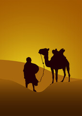 caravan in the desert, sunset background. Vector poster camel and bedouin in the Sahara