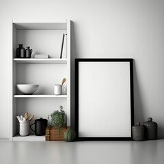 Blank black picture frame standing on a kitchen shelf. Mockup/Copyspace template for Art, Design, Ad placement created using generative AI tools