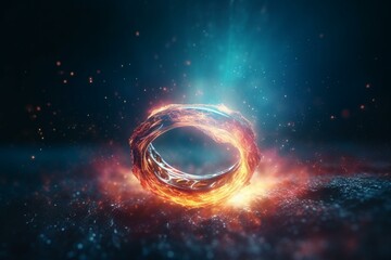 Ethereal ring with mystical aura, abstract solar flare, nebula gas explosion, and magic glitter effect. Center copy space. Generative AI