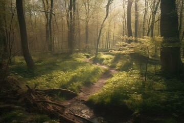 Sun-drenched woods in springtime, tranquil and still. Generative AI