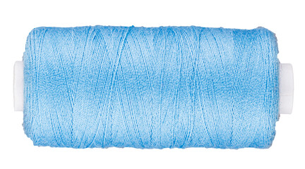Spool with blue thread for sewing, supply for sewing, isolated cut out object on white or transparent background