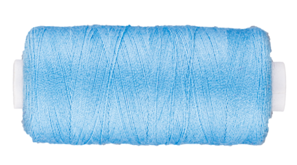 Spool with blue thread for sewing, supply for sewing, isolated cut out object on white or transparent background