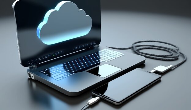 laptop with cloud transfer and storage, generative ai