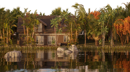 house in the jungle on the river bank on a transparent background, 3D illustration, cg render