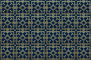 Festive blue background with islamic, persian, indian pattern, arabesque, arabic geometric gold texture. Stained glass style, ethnic oriental patterns, tribal original ornaments, doodle. 