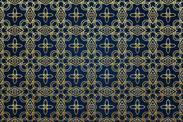 Festive blue background with islamic, persian, indian pattern, arabesque, arabic geometric gold texture. Stained glass style, ethnic oriental patterns, tribal decorative ornaments, doodle.