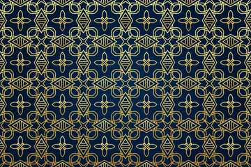 Festive blue background with islamic, persian, indian pattern, arabesque, arabic geometric gold texture. Stained glass style, ethnic oriental patterns, tribal decorative ornaments, doodle.