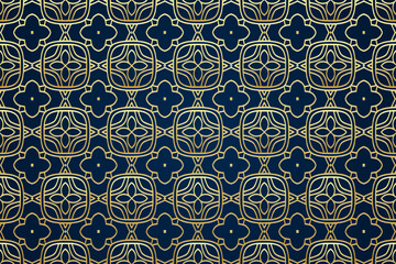 Festive blue background with islamic, persian, indian pattern, arabesque, arabic geometric gold texture. Stained glass style, ethnic oriental patterns, tribal artistic ornaments, doodle.
