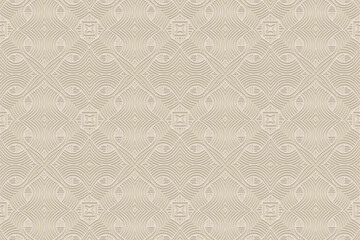 Embossed ethnic light background, tribal cover design. Geometric abstract 3D pattern, press paper, leather. Boho, handmade. Dudling, zentangle. Oriental, Indonesian, Mexican, Aztec style.