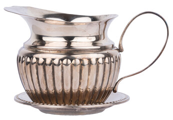 Antique art deco sterling silver pot or jug and plate kitchenware or silverware, isolated on white...