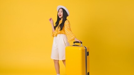 Detailed photo of a young Asian woman wearing colorful clothing. Enjoy the journey with your luggage, gorgeous smile, pleasant expression, and yellow background while gazing into the camera. AI genera