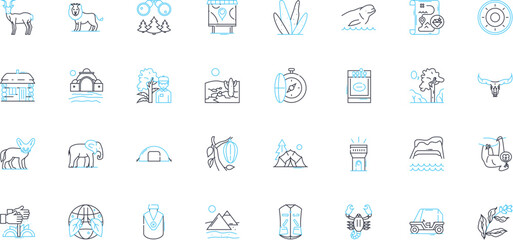 Wilderness linear icons set. Forest, Mountains, River, Lake, Wildlife, Nature, Adventure line vector and concept signs. Hiking,Camping,Trekking outline illustrations