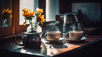 Obraz na płótnie Canvas Coffee and flowers in the morning, Generative AI